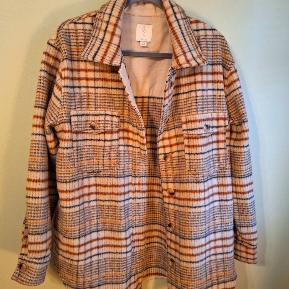 Joie Brown and Cream Women's Utility Jacket with Plaid Design Size L